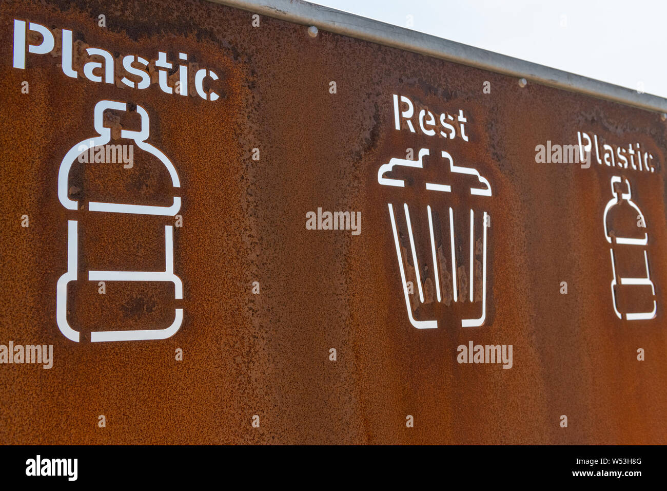 Plastic and rest waste recycle bins. Stock Photo