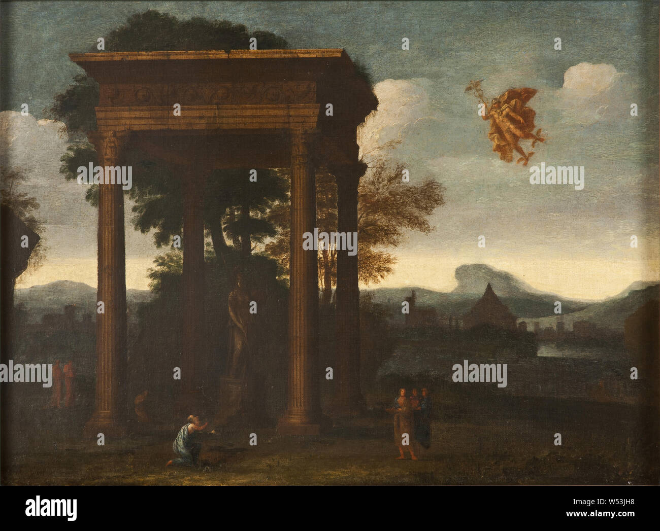 Attributed to Agostino Tassi, Landscape with Open Portico and Flying Mercury, Landscape with open portico and flying Mercury, painting, landscape art, 17th century, oil on canvas, Height, 55.5 cm (21.8 inches), Width, 80 cm, (31.4 inches) Stock Photo