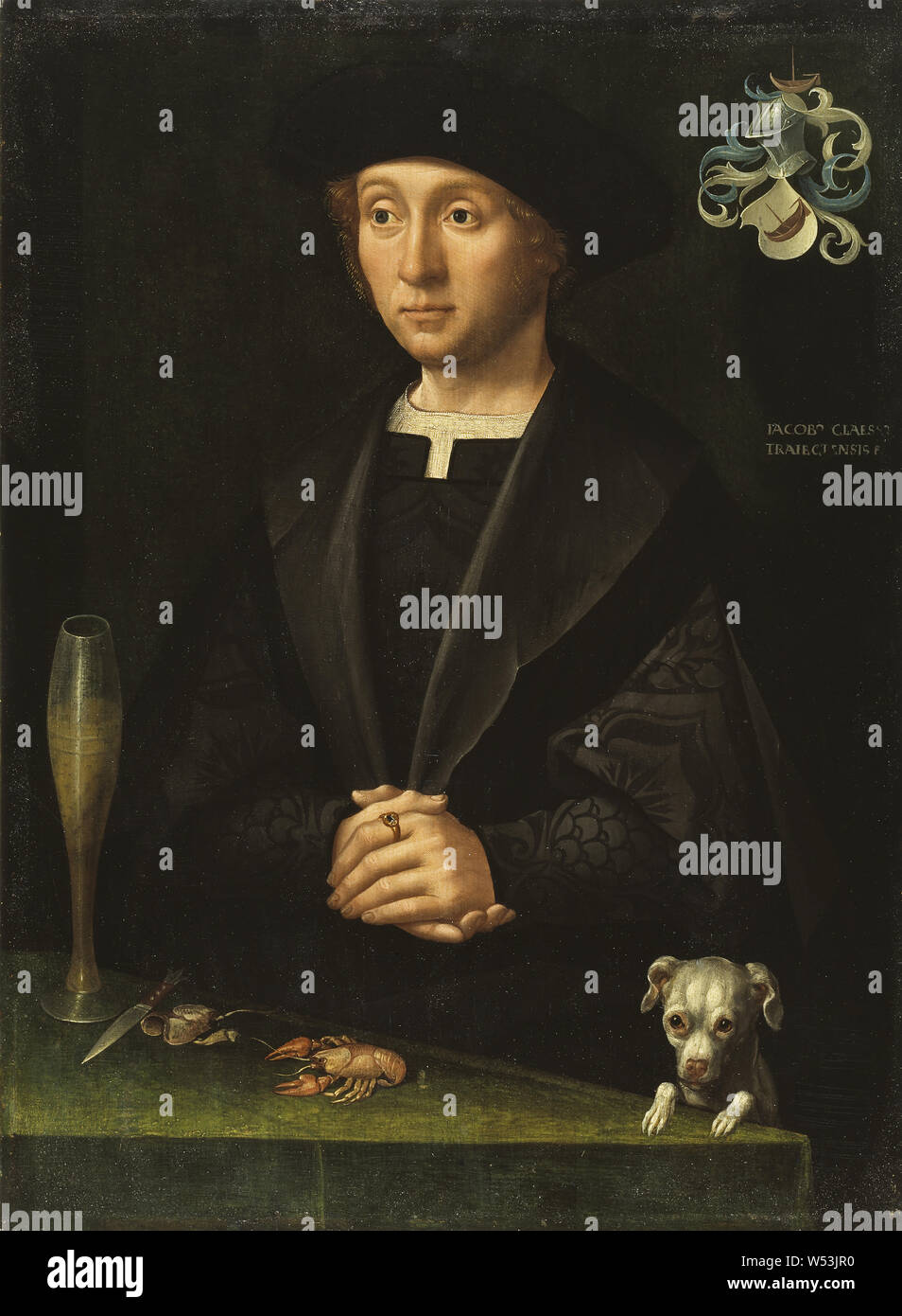 Jacob van Utrecht, Portrait of a Member of the Alardes Family, Portrait of a member of the family Alardes, painting, portrait, Oil on wood, Height, 41 cm (16.1 inches), Width, 30, cm (11.8 inches), Signed, IACOB CLAES TRAIECTENSIS Stock Photo