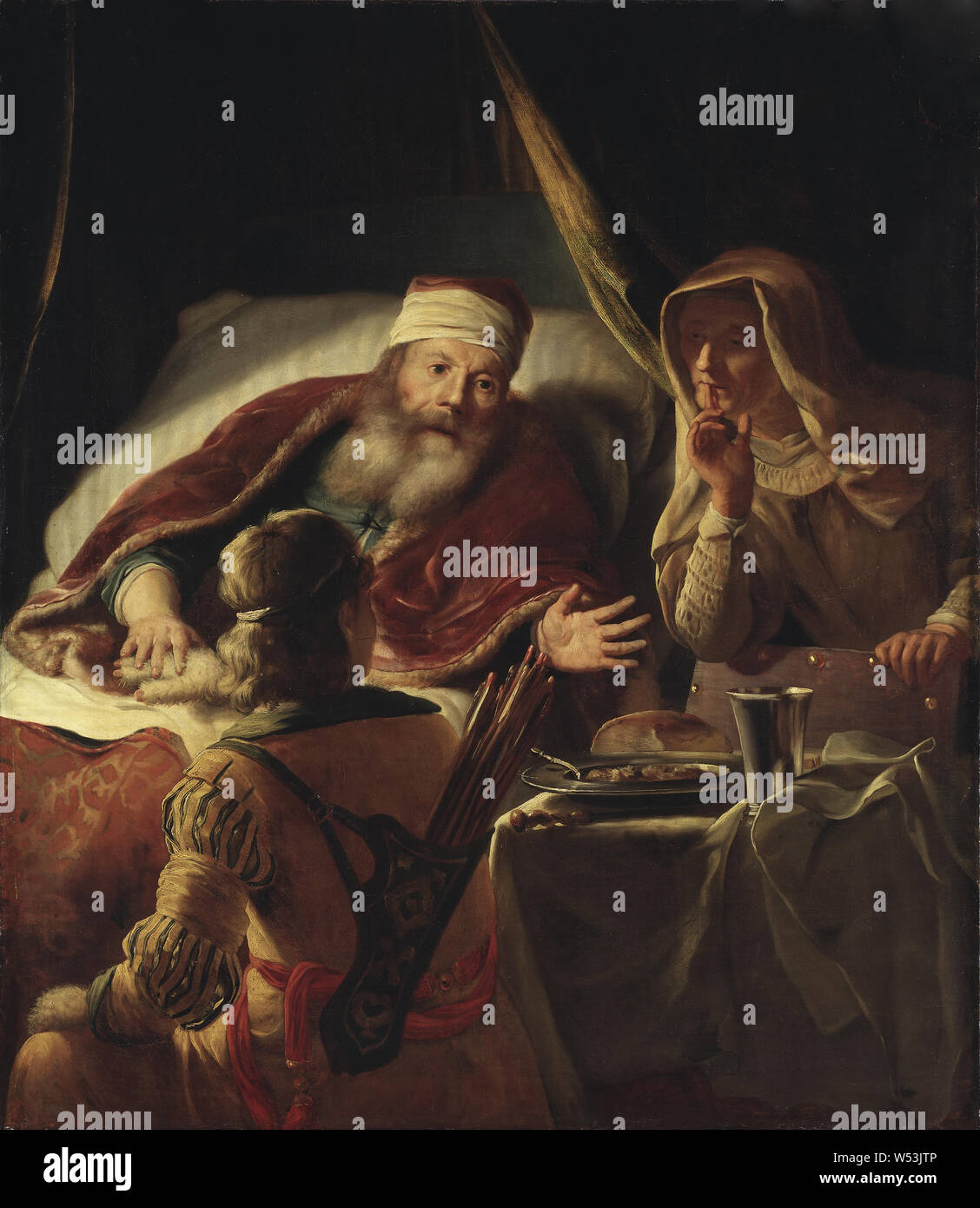 Abraham van Dijck, Isaac Blessing Jacob, Isaac bless Jacob, painting, religious art, oil on canvas, Height, 125 cm (49.2 inches), Width, 108 cm (42.5 inches) Stock Photo