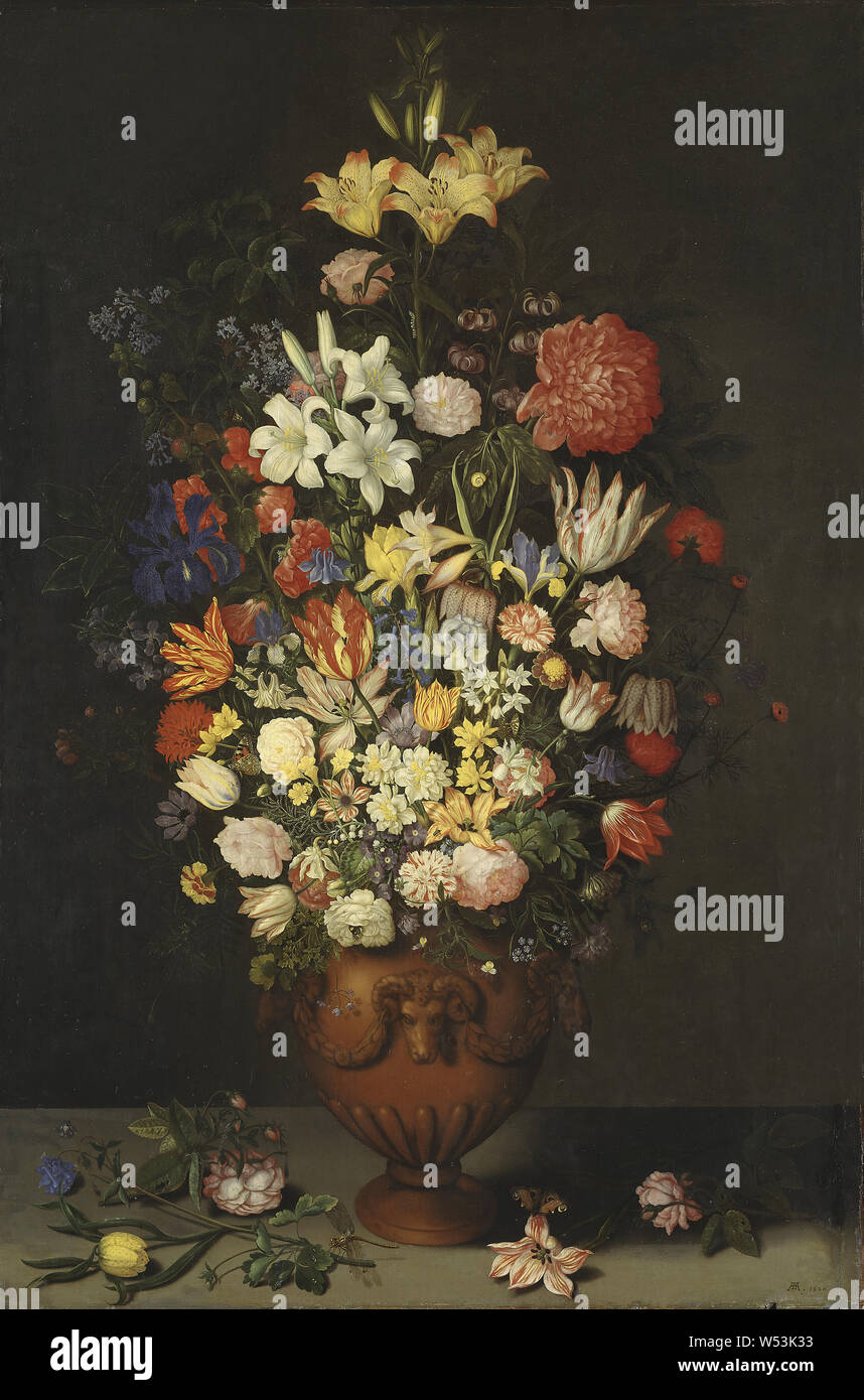 Ambrosius Bosschaert, Still Life with a Vase of Flowers, Still Life with large flower vase, painting, still life, 1620, oil on wood, oil on oak, Height, 130.3 cm (51.2 inches), Width, 85.5 cm, (33.6 inches), Signed, A B., in ligature, down right Stock Photo