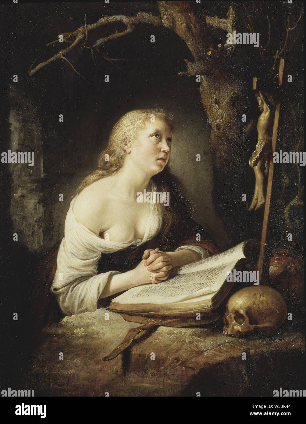 Gerrit Dou, The Penitent Magdalen, The finest Magdalena, painting, religious art, oil on panel, Height, 26 cm (10.2 inches), Width, 19 cm (7.4 inches), Signed, GDOV, right above book Stock Photo