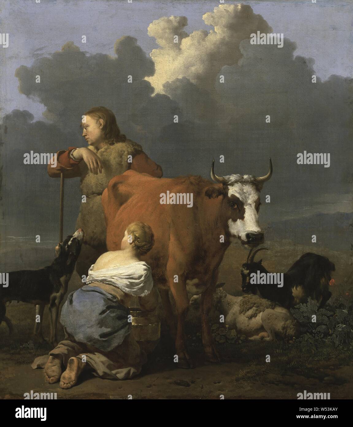 Karel Dujardin, Peasant Girl Milking a Cow, Bond girl milking a cow, painting, genre art, 1657, Oil on canvas, Height, 66 cm (25.9 inches), Width, 59 cm (23.2 inches), Inscriptions, Signed, .K, YOU IAR YOUR FA 165, ?, Last digit could be a seventh Stock Photo