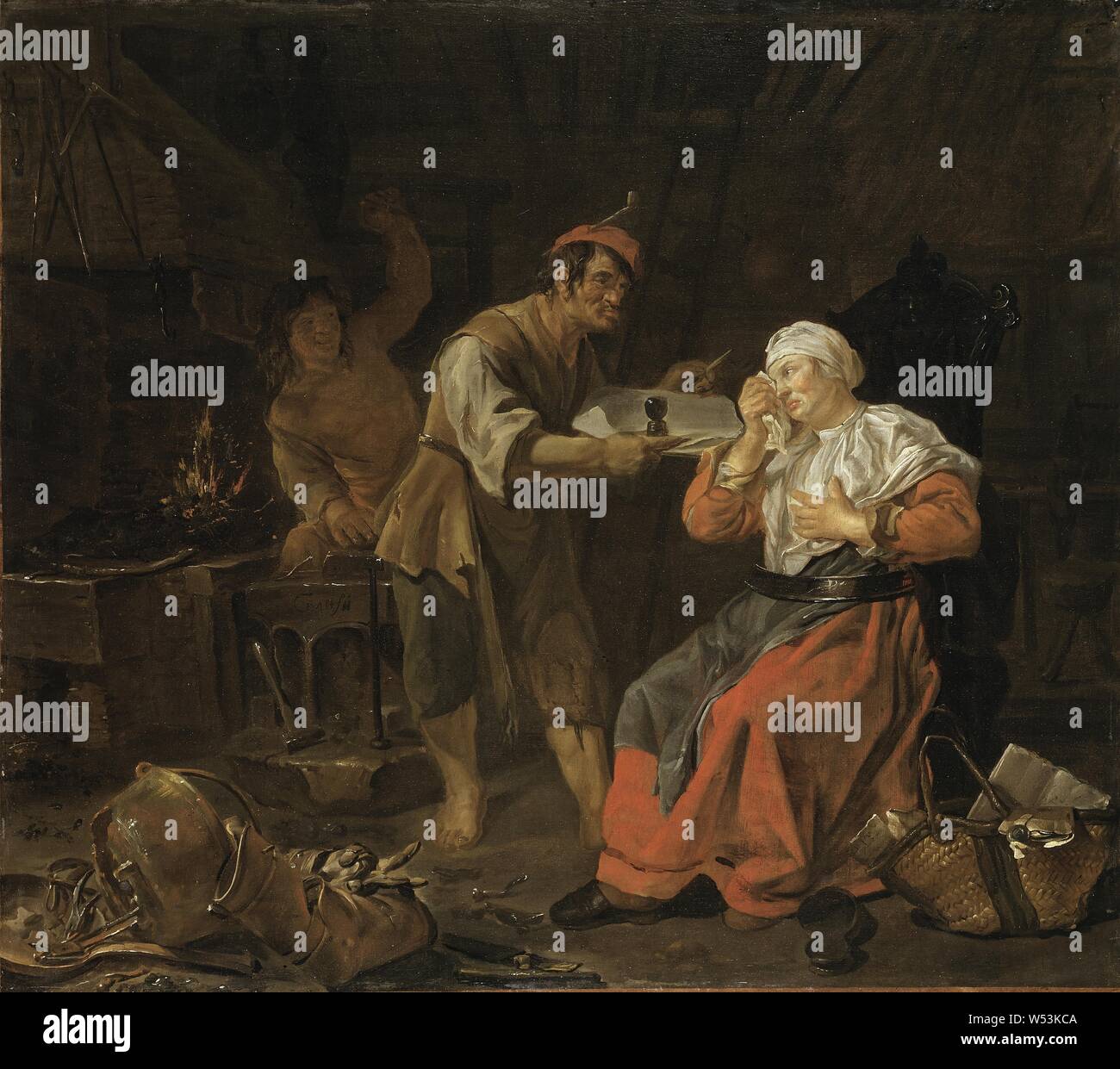 Gabriel Metsu, Old Woman in a Gossip Chair, Weeping Woman in a Blacksmith's Shop, Crying Woman in a Forge, painting, oil on canvas, Height, 105 cm (41.3 inches), Width, 120 cm (47.2 inches, Signed, G. METSU Stock Photo