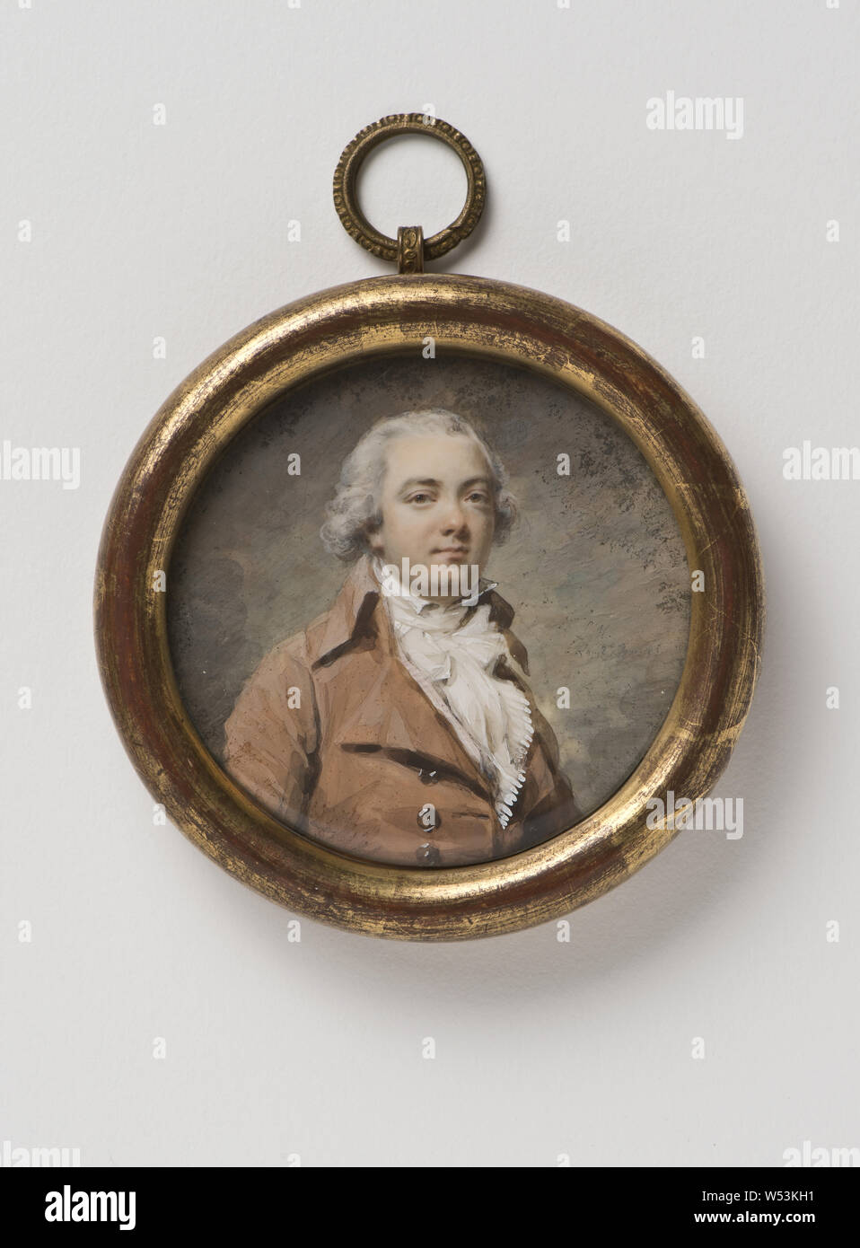 Jacques-Antoine-Marie Lemoine, Self-portrait, painting, before 1824, Watercolor on ivory, gilt wooden frame, frame in gilded wood, Height, 5.6 cm (2.2 inch), Inscription, Jacques-Antoine Marie Lemoine son propre portrait, lapp verso, Collection de Paul Huet son parent, patch verse, Signature, LM ., . 3 pinxit, graphite, to the right in the portrait Stock Photo
