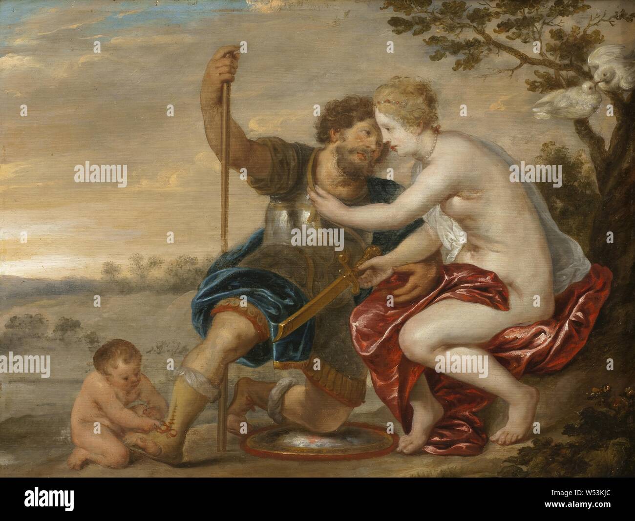 Manner of Peter Paul Rubens, Mars, Venus and Cupid, Venus and Amor, painting, oil on panel, Height, 34 cm (13.3 inches), Width, 44 cm (17.3 inches) Stock Photo