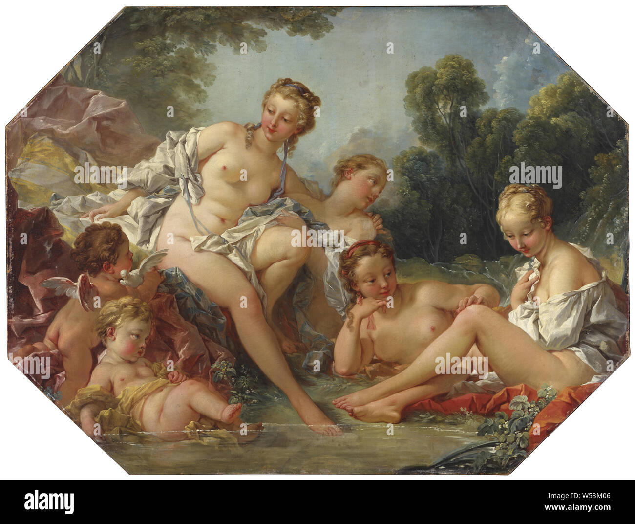 François Boucher, Venus in here Bath surrounded by Nymphs and Cupids, Venus in the bath surrounded by nymphs and amorins, painting, Oil on canvas, Octagonal, Height, 111 cm (43.7 inches), Width, 147 cm (57.8 inches) Stock Photo