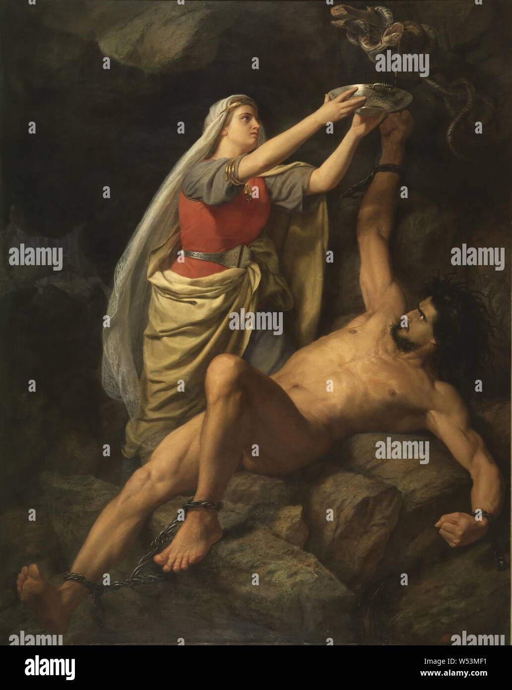Mårten Eskil Winge, Loki and Sigyn, painting, 1863, oil on canvas, Height, 348 cm (11.4 ft), Width, 275 cm (108.2 inches), Signed, ME, Winge Roma 1863. Stock Photo