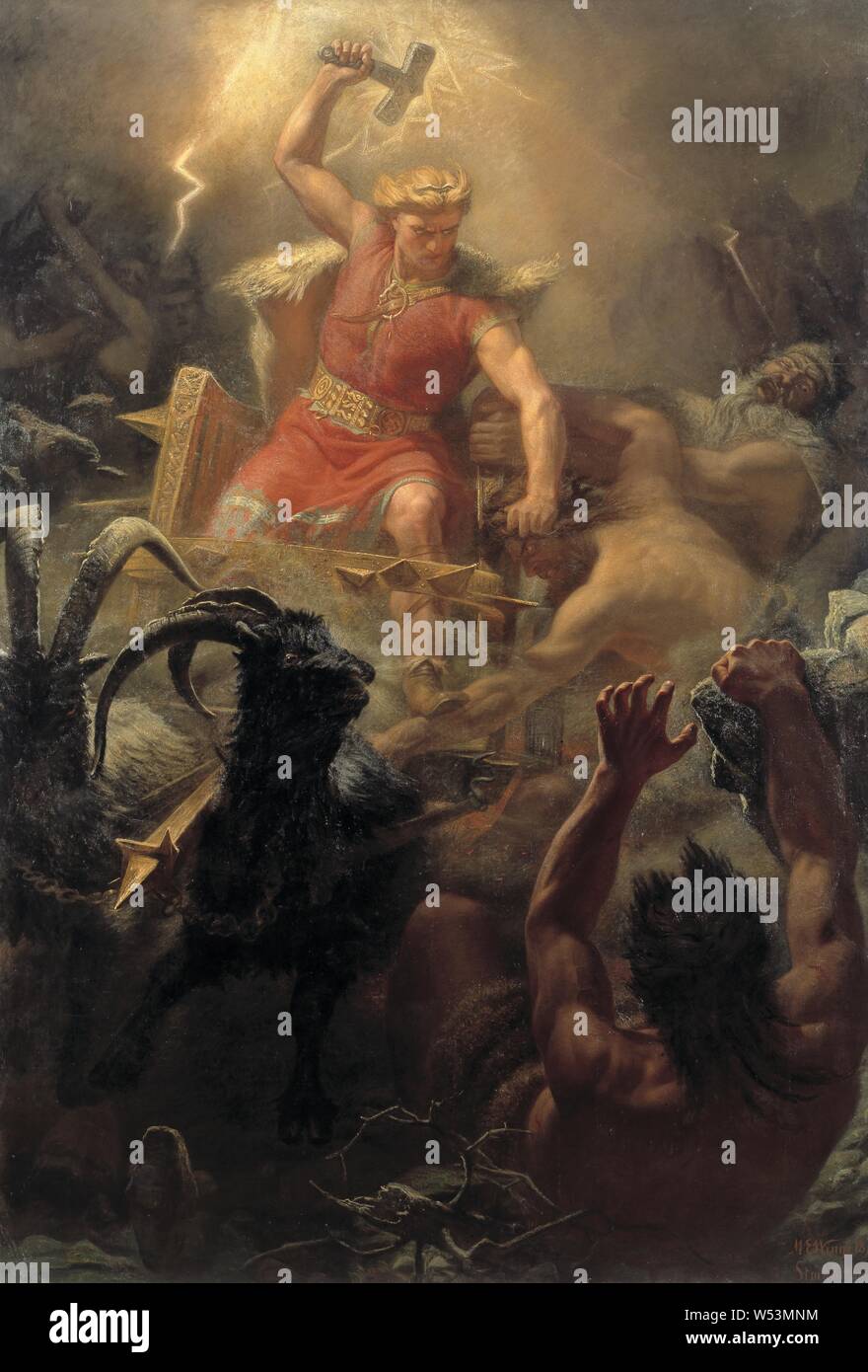 Mårten Eskil Winge, Tor's Fight with the Giants, Thor's battle with the giants, painting, 1872, Oil on canvas, Height, 484 cm (15.8 ft), Width, 333 cm (10.9, ft), Signed, ME, Winge 1872. Stockholm. Stock Photo