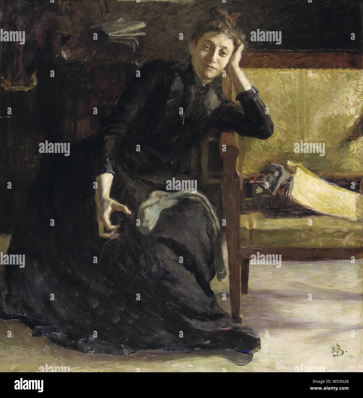 Richard Bergh, Eva Bonnier, The artist Eva Bonnier English, Artist Eva Bonnier, painting, 1889, Oil on canvas, Height, 123 cm (48.4 inches), Width, 120 cm (47.2 inches), Signed, RB, - 89 - Stock Photo