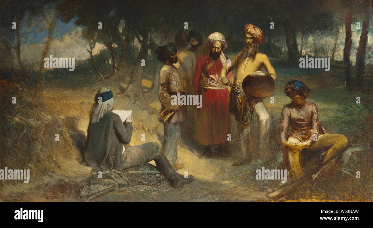 Egron Lundgren, Examining the Spy, Motif from the Indian Mutiny, Spy is interrogated, Motif from the Indian uprising, Unfinished, painting, after 1859, oil on canvas, Height, 81 cm (31.8 inches), Width, 147 cm (57.8 inches) Stock Photo