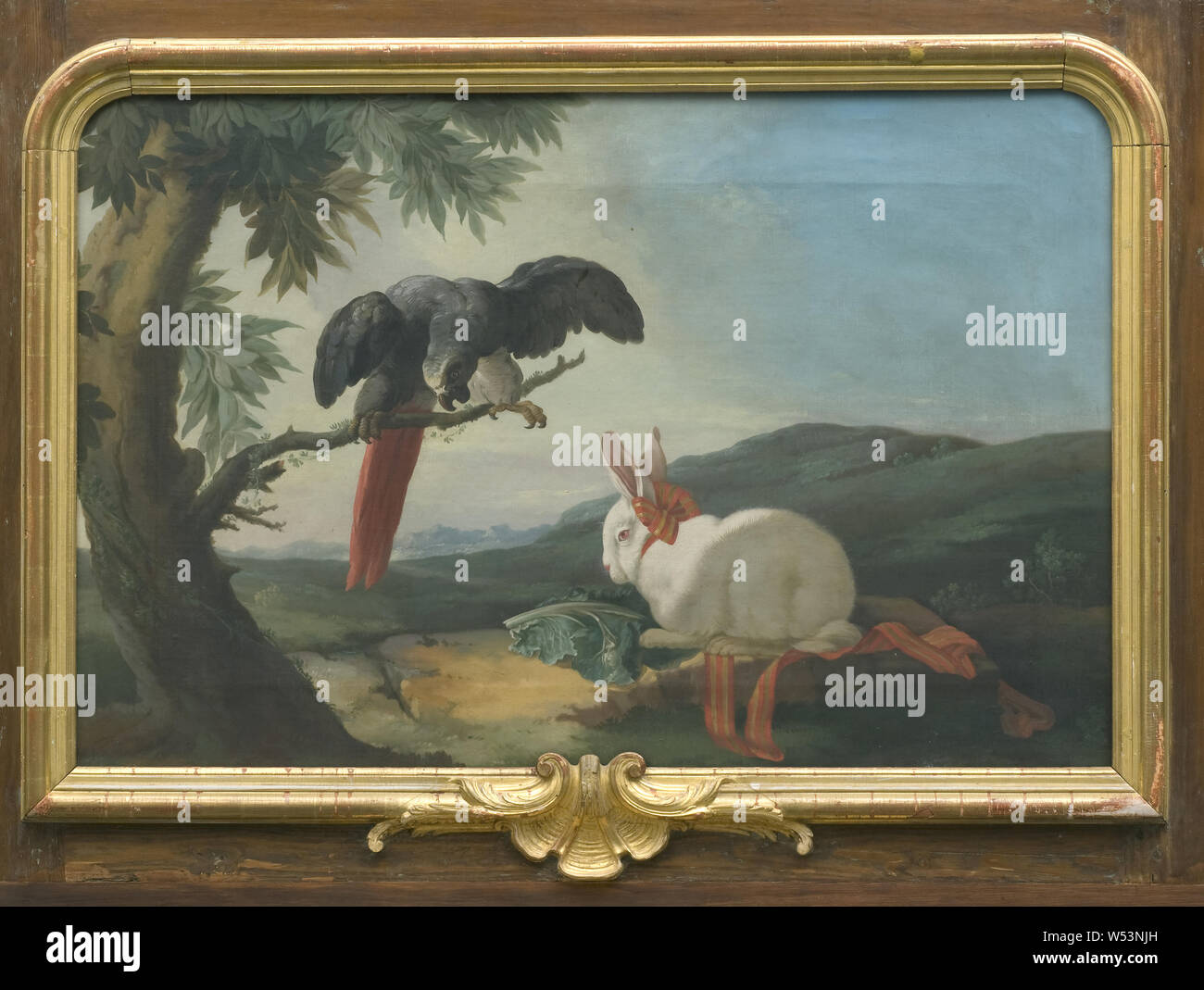 Parrot and Rabbit, Parrot and rabbit, Decorative painting from Mälsåker castle, painting, oil on canvas, Height, 70 cm (27.5 inches), Width, 105 cm (41.3 inches) Stock Photo