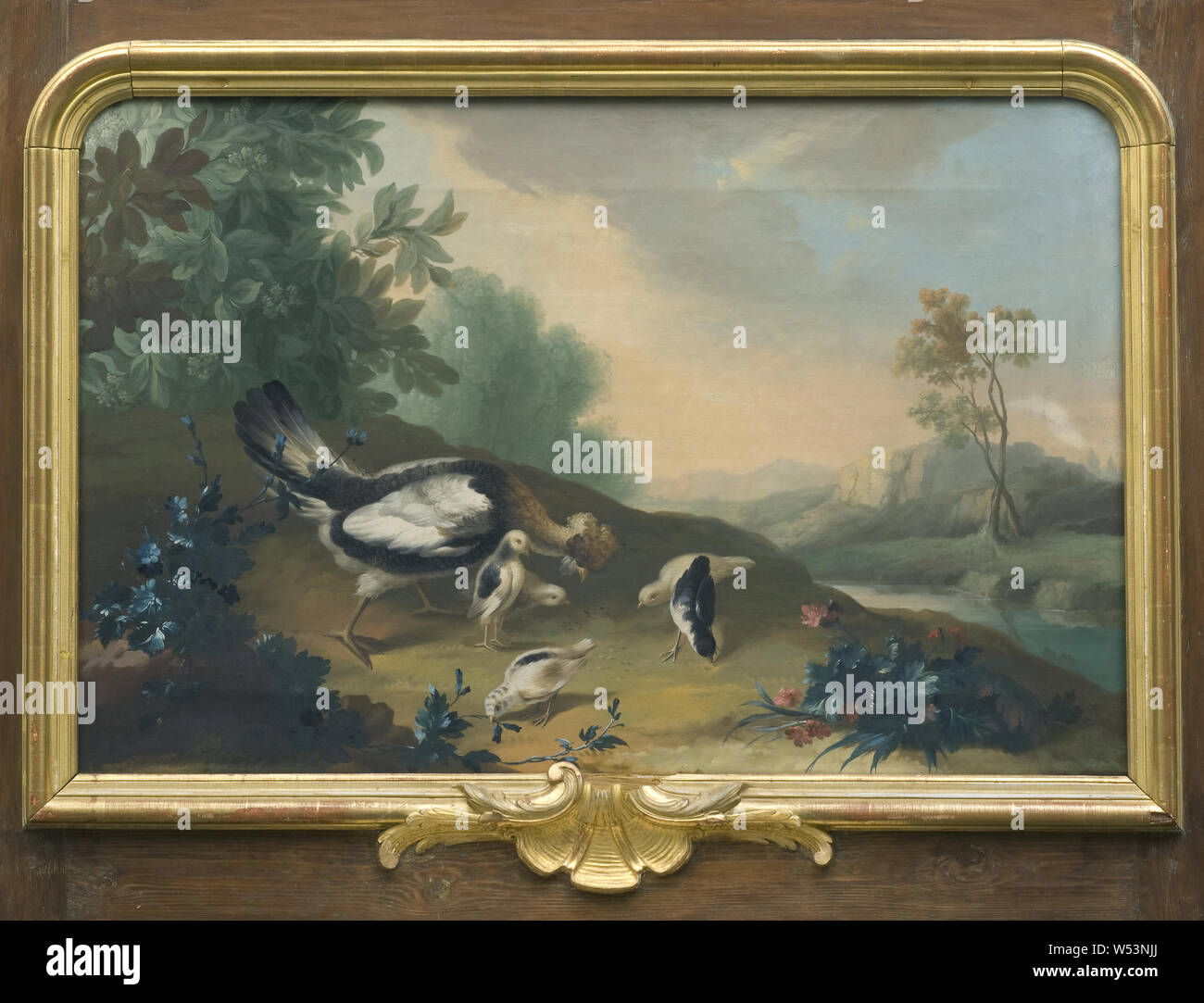 Landscape with Poultry, Landscape with hens, Decorative painting from Mälsåker castle, painting, landscape art, oil on canvas, Height, 70 cm (27.5 inches), Width, 105 cm (41.3 inches) Stock Photo