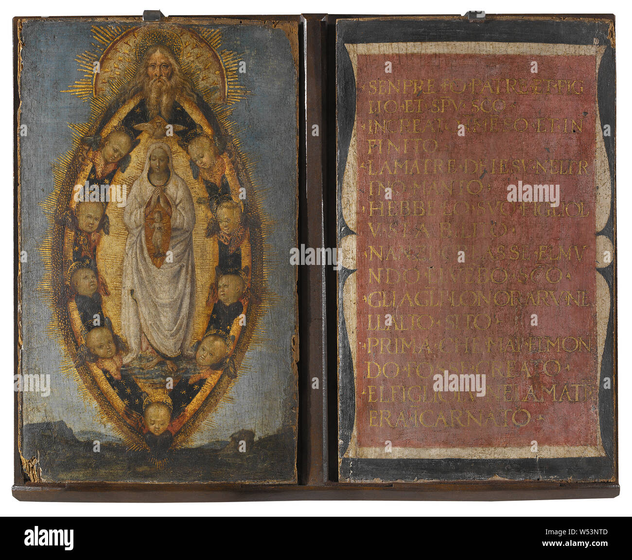 School of Pinturicchio, The Conception of the Virgin, Maria's conception, Oil on wood, Pendang in the same format with a text in capital letters in gold against red, Height, 33.5 cm (13.1 inches), Width, 21 cm (8.2 inches) Stock Photo