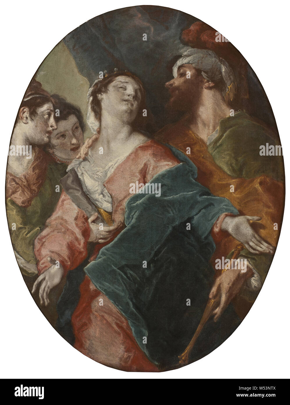 Giuseppe Bazzani, Esther and Ahasverus, painting, religious art, Oil on canvas, Oval, Height, 118 cm (46.4 inches), Width, 90 cm (35.4 inches) Stock Photo