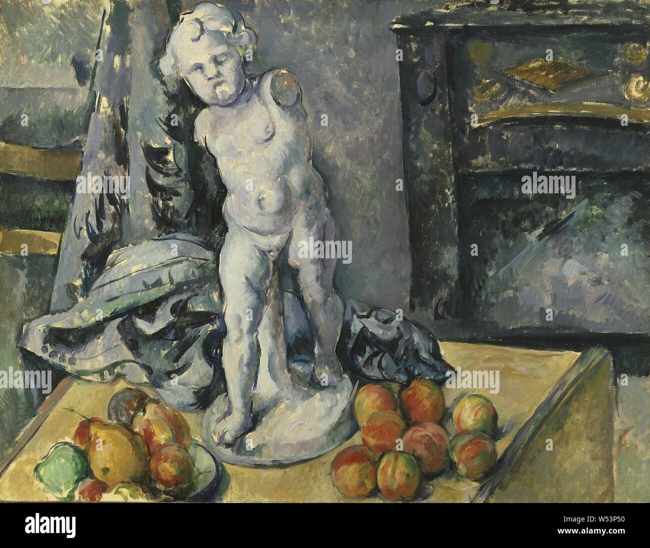 Paul Cézanne, Still Life with Plaster Cupid English, Still Life with Statuette, Still Life with figurine, painting, still life, 1890s, Oil on canvas, Glazed, Height, 63 cm (24.8 inches), Width, 81 cm (31.8 inches) Stock Photo