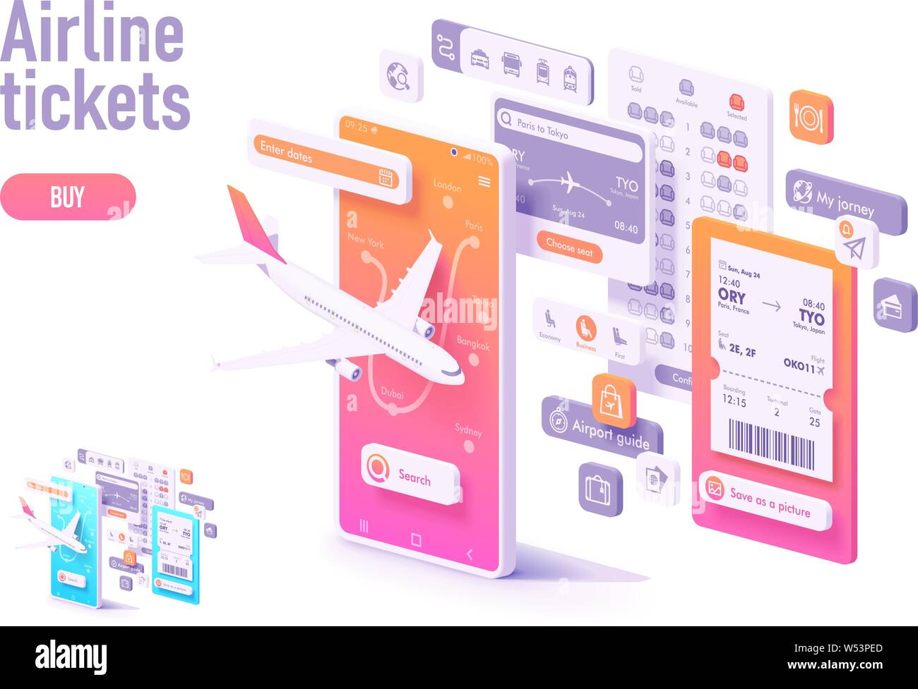 Vector booking airline tickets app template Stock Vector