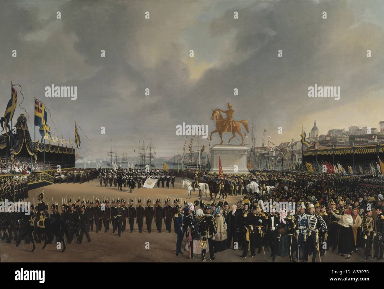 Carl Stefan Bennet, The Unveiling of the Equestrian Statue of Carl XIV Johan or Sw, in 1854, The discovery of King Carl XIV Johan's equestrian statue 1854, painting, oil on canvas, Height, 125 cm (49.2 inches), Width, 186 cm (73.2 inches) Stock Photo