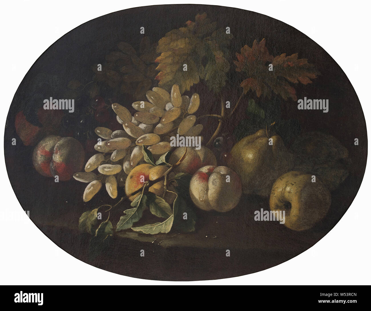 Giovanni Paolo Spadino, Still Life with Fruit, Still Life with fruits, painting, still life, Oil on canvas, Oval, Height, 48 cm (18.8 inches), Width, 64 cm (25.1 inches) Stock Photo