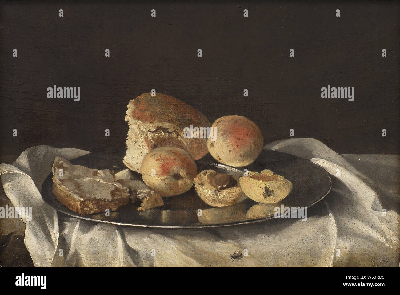 Still Life with Fruit and Bread, Still Life with Fruits and Bread, painting, still life, oil on canvas, Height, 26.5 cm (10.4 inches), Width, 39 cm (15.3 inches) Stock Photo