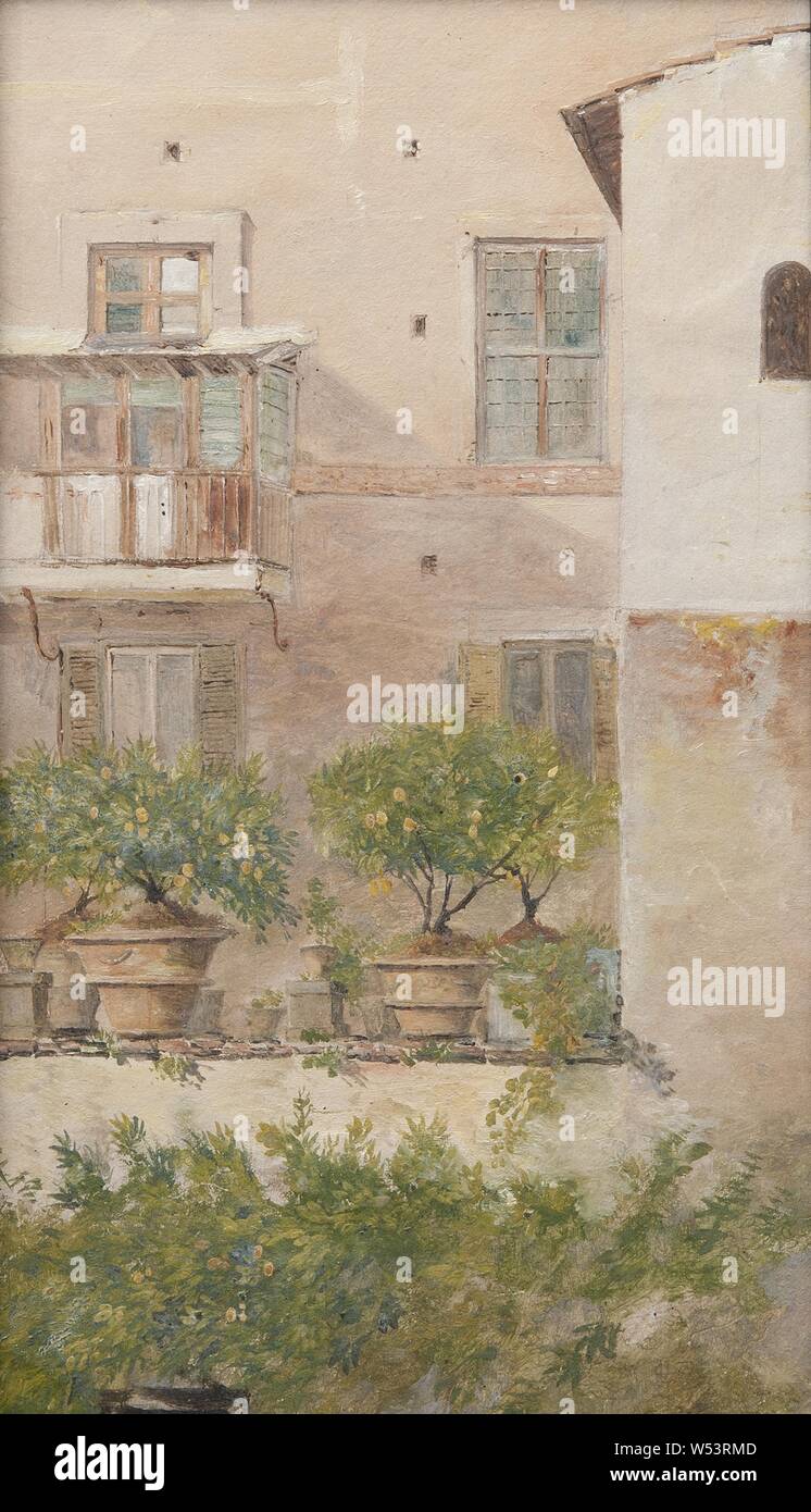 Lars Jacob von Röök, Italian Study, Patio with Lemon-Trees in Flowerpots, Italian study, Farm lot with lemon trees in pots, painting, Oil on paper mounted on cardboard, Height, 29.5 cm (11.6 inches), Width, 17.5 cm (6.8 inches) Stock Photo