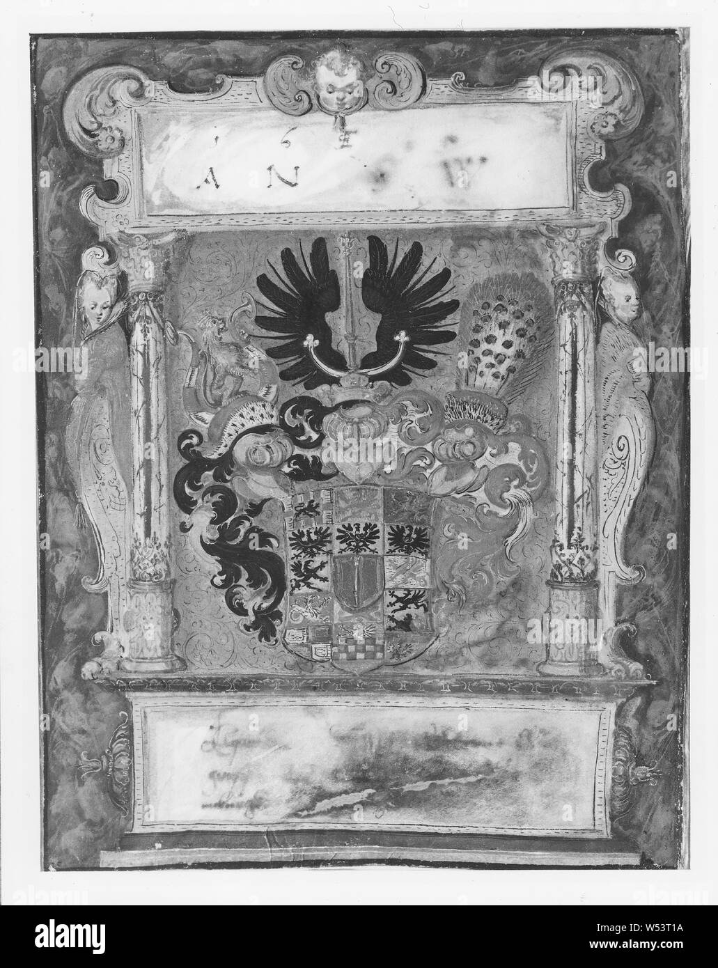 To NMGrh 2433, year 1953, Coat of Arms, painting, Gouache on parchment Stock Photo