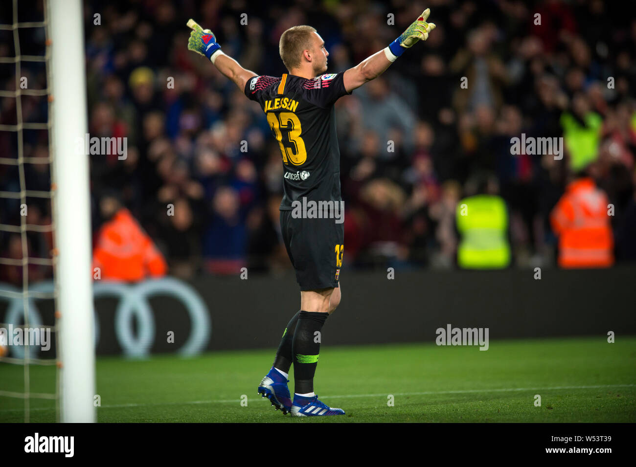 Goalkeeper Jasper Cillessen of Barcelona reacts after he has stopped a penalty shot by Sevilla during the second match of the Spanish King's Cup quart Stock Photo