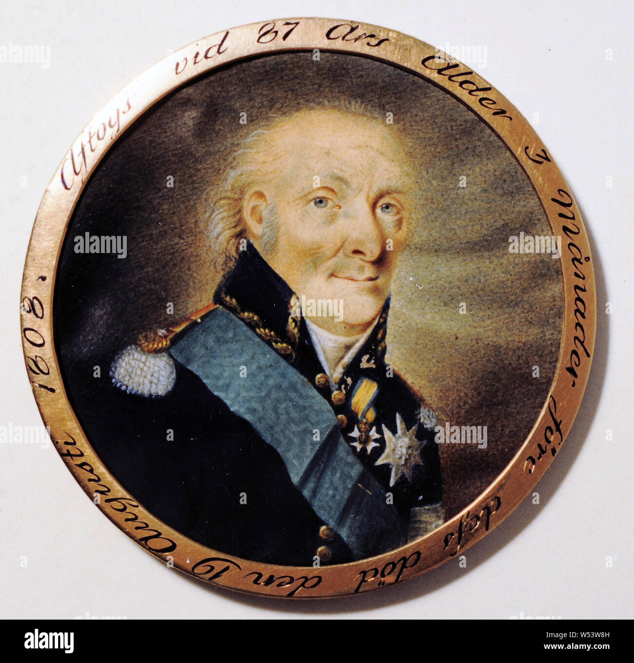 Anders Gustaf Andersson, Portrait of Vice Admiral Fredrik Henrik af Chapman, 1808, Portrait of Deputy Admiral Fredrik Henrik af Chapman, painting, portrait, Watercolor on parchment, Height, 6.9 cm (2.7, inch), Inscription, was taken at 87 Years of age 3 months before its death on August 19, 1808., on the metal frame Stock Photo