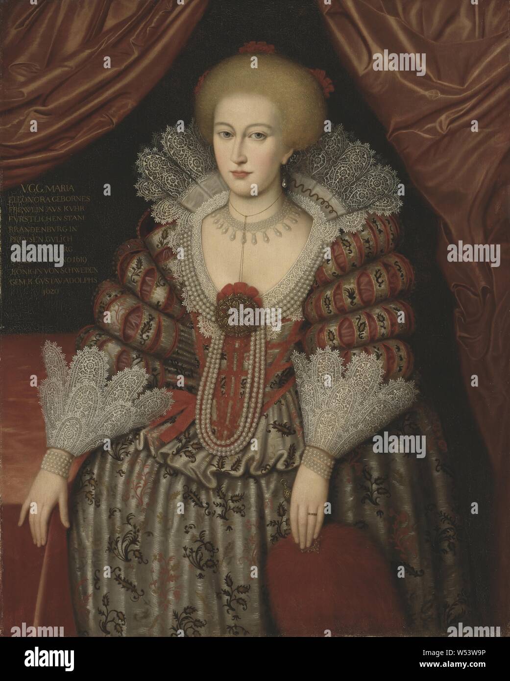 After Michiel van Mierevelt, Queen Maria Eleonora, Maria Eleonora (1599-1655), Princess of Brandenburg, Queen of Sweden, Maria Eleonora, 1599-1655, married to King Gustav II Adolf, 1619, Oil on canvas, Height, 121 cm (47.6 inches), Width, 95 cm (37.4 inches), Inscription, VCC, Maria Eleonora was born Frewlin from Kuhrfurstlichen Tribe Brandenburg in Prevsen Gulich Cleve and Mountain Herzogin Anno 1619 Königin von Sweden Gem, K Gustav Adolphs 1620, left Stock Photo