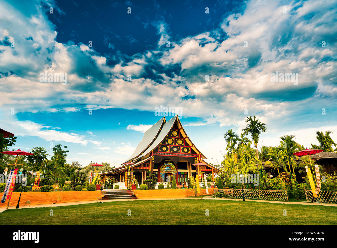 Amazing Thailand Temple in Traditional Thai architecture on background scenery nature landscape at sunset. Asia, Thailand Stock Photo