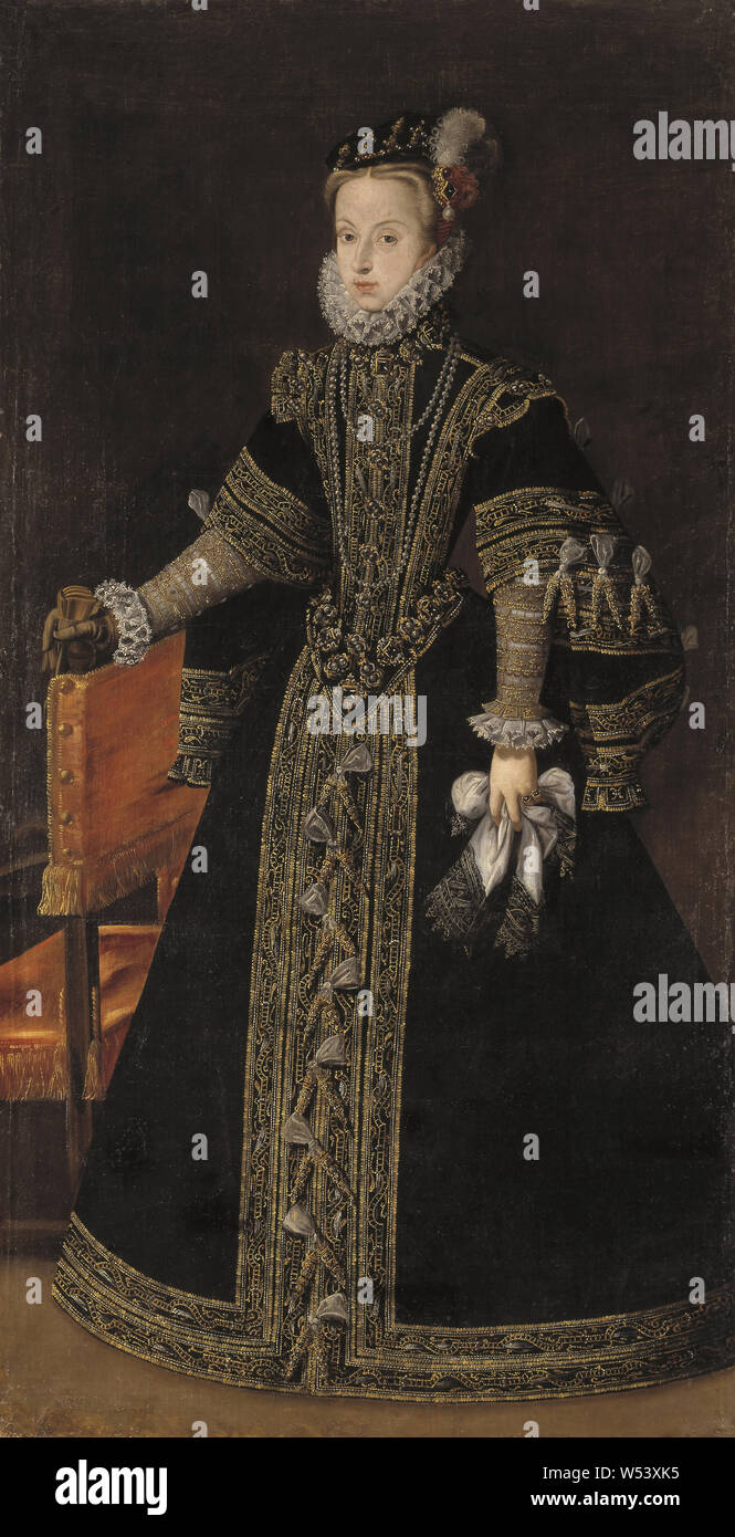 Workshop of Alonso Sánchez Coello, (–1588), Anna of Austria, Archduchess Anna Maria (1549–1580), Anna of Austria, Queen of Spain, Oil, Height: 206 cm (81.1), Width: 107 cm (42.1) Stock Photo