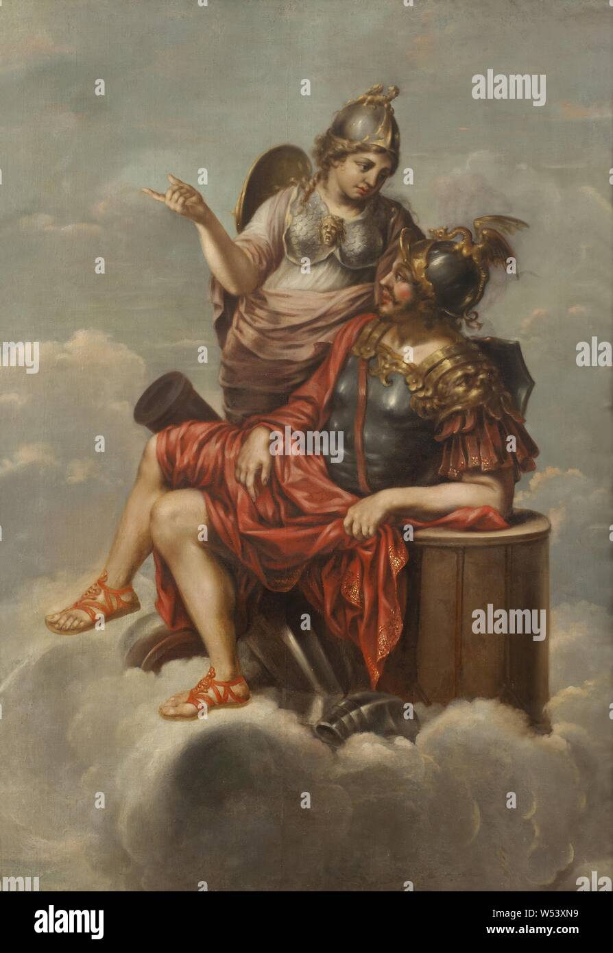 English: Oil on canvas of the god Mercury and goddess Minerva providing the  warrior Perseus with armor to battle the Gorgon, Medusa. Italian: Perseo  giovane armato da Mercurio ed Atena Perseus