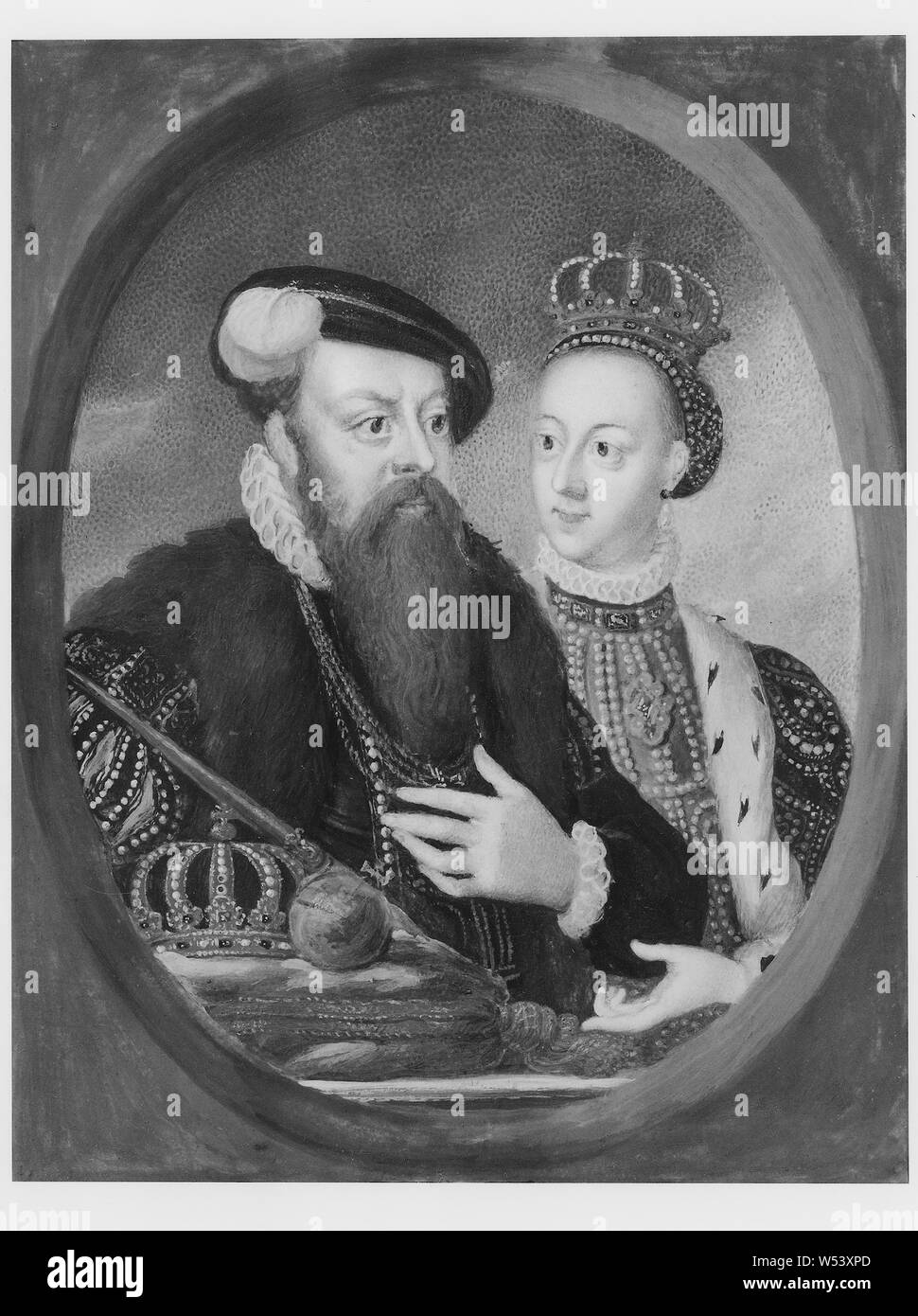Niclas Lafrensen d.ä, King Gustav I, Gustav Vasa (1496-1560) With his second object, Margareta Leijonhufvud (1516-1551), Queen of Sweden, painting, Gustav I of Sweden, Gouache on parchment, Height, 10 cm (3.9 inches), Width, 7.5 cm (2.9 inches) Stock Photo