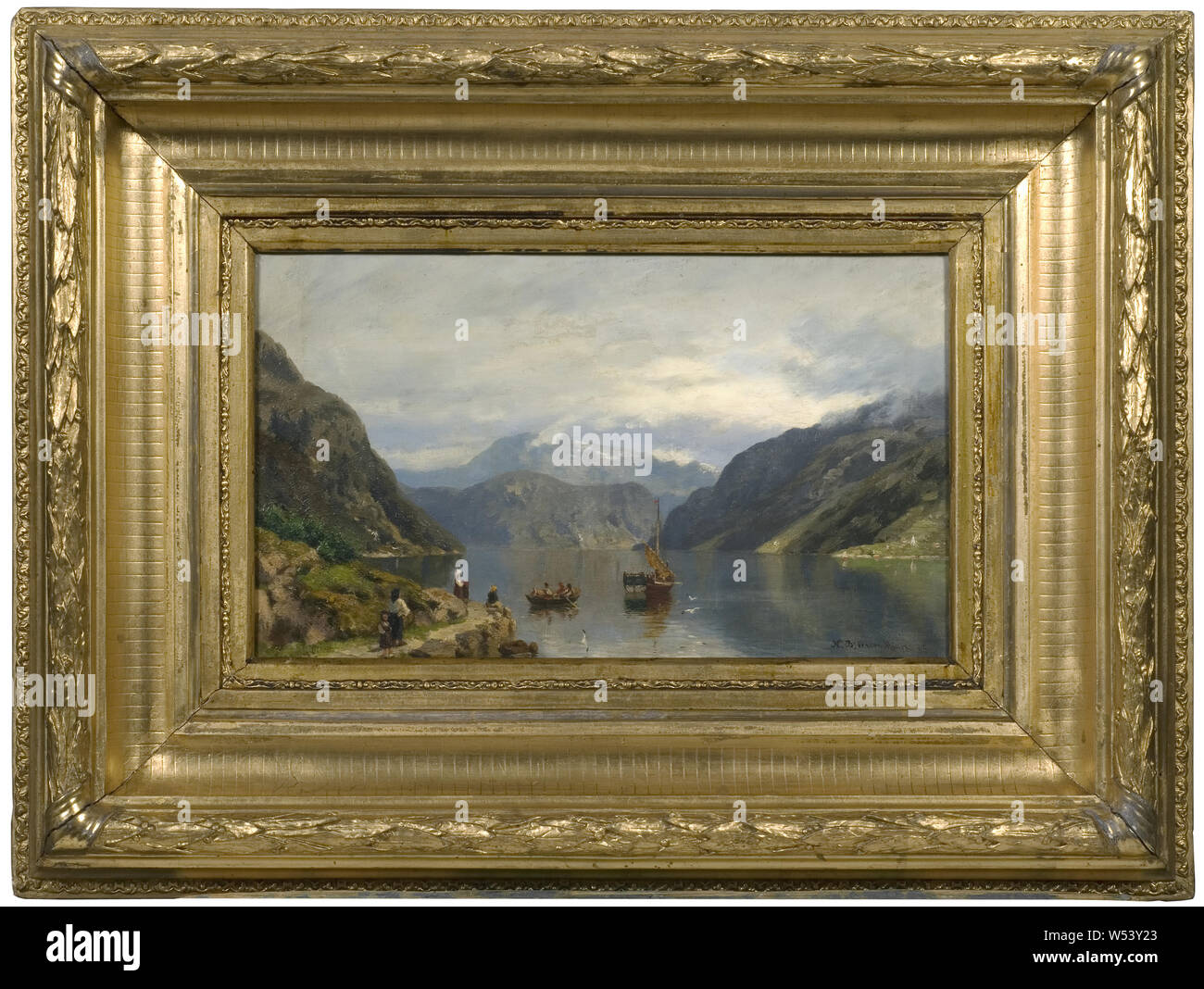 Nils Bjørnsen Møller, Fjord landscape, painting, oil on canvas, Height, 24.4 cm (9.6 inches), Width, 40.8 cm (16 inches) Stock Photo