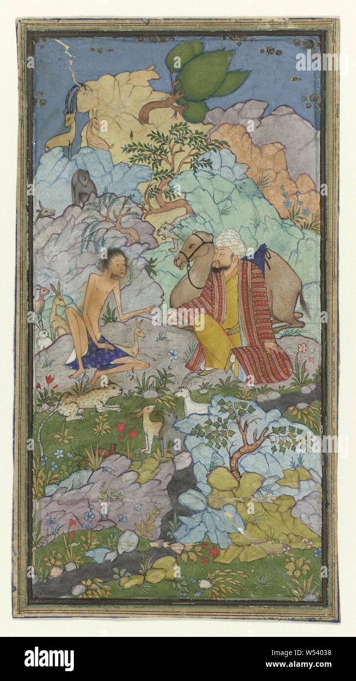 Episode from the love story of Laila and Majnun, the emaciated Majnun sits in a landscape with a man and his camel, Majnun's Father visits his son in the wilderness. Illustration of the story of Laila and Majnun from the Khamsa of Nizami., anonymous, Persia, c. 1500 - c. 1700, paper, deck paint, gouache (paint), brush, h 160 mm × w 87 mm Stock Photo
