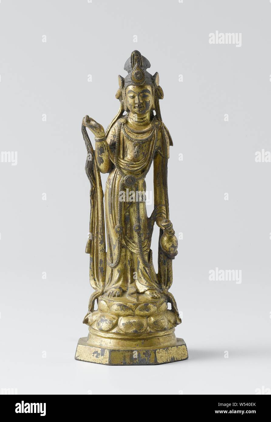 Three figures of Guanyin Figure of Guanyin, Standing figure of the  Bodhisattva Avalokiteshvara, in his left hand a jar of life water, in his  right a fly brush, Guan Yin, anonymous, China,