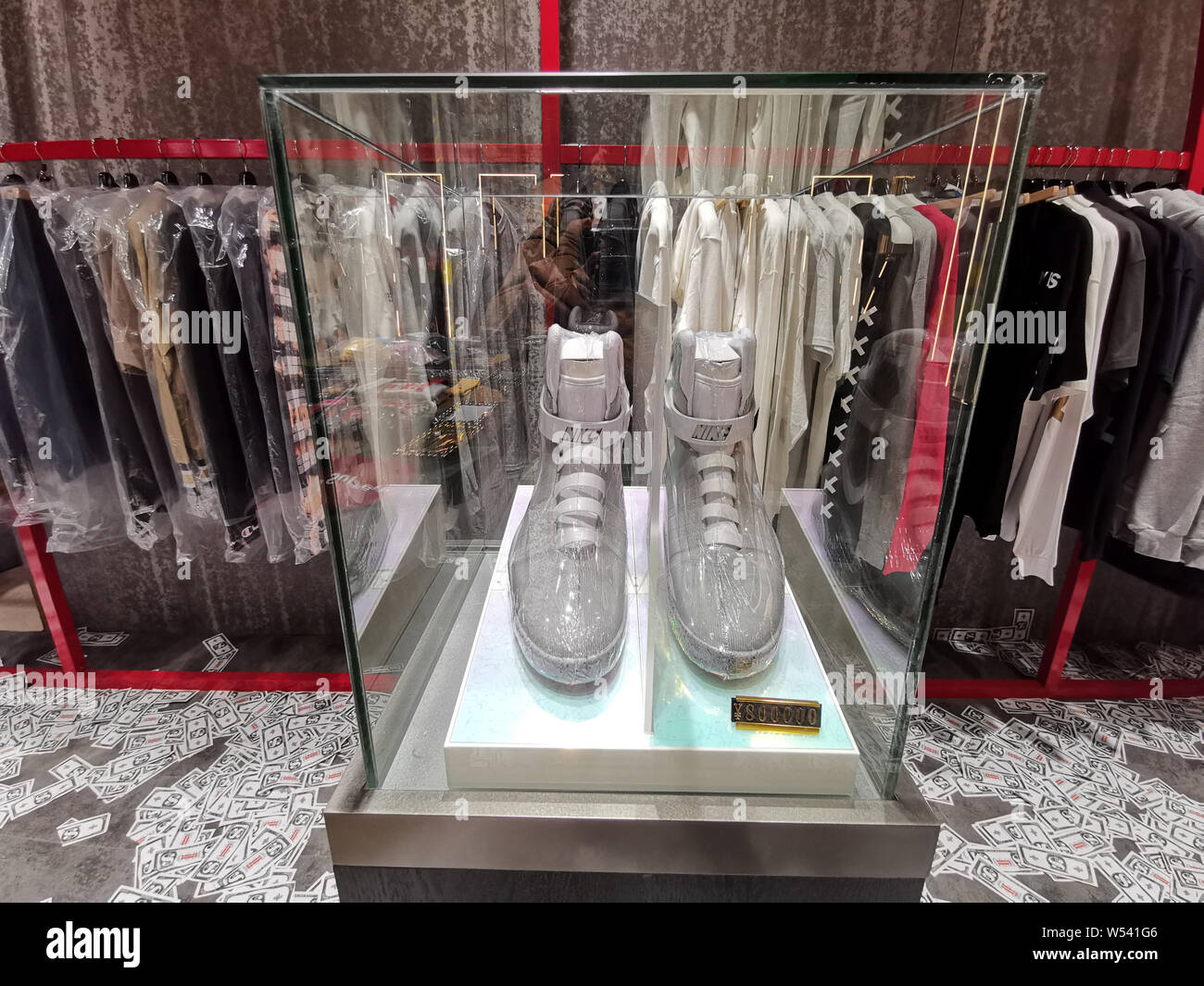A pair of Nike's limited edition self-lacing Back to the Future shoes is  displayed at a store in Wuhan city, central China's Hubei province, 13 Janu  Stock Photo - Alamy