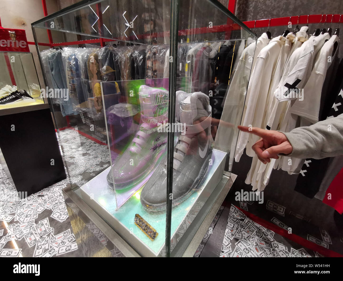 A pair of Nike's limited edition self-lacing Back to the Future shoes is  displayed at a store in Wuhan city, central China's Hubei province, 13 Janu  Stock Photo - Alamy