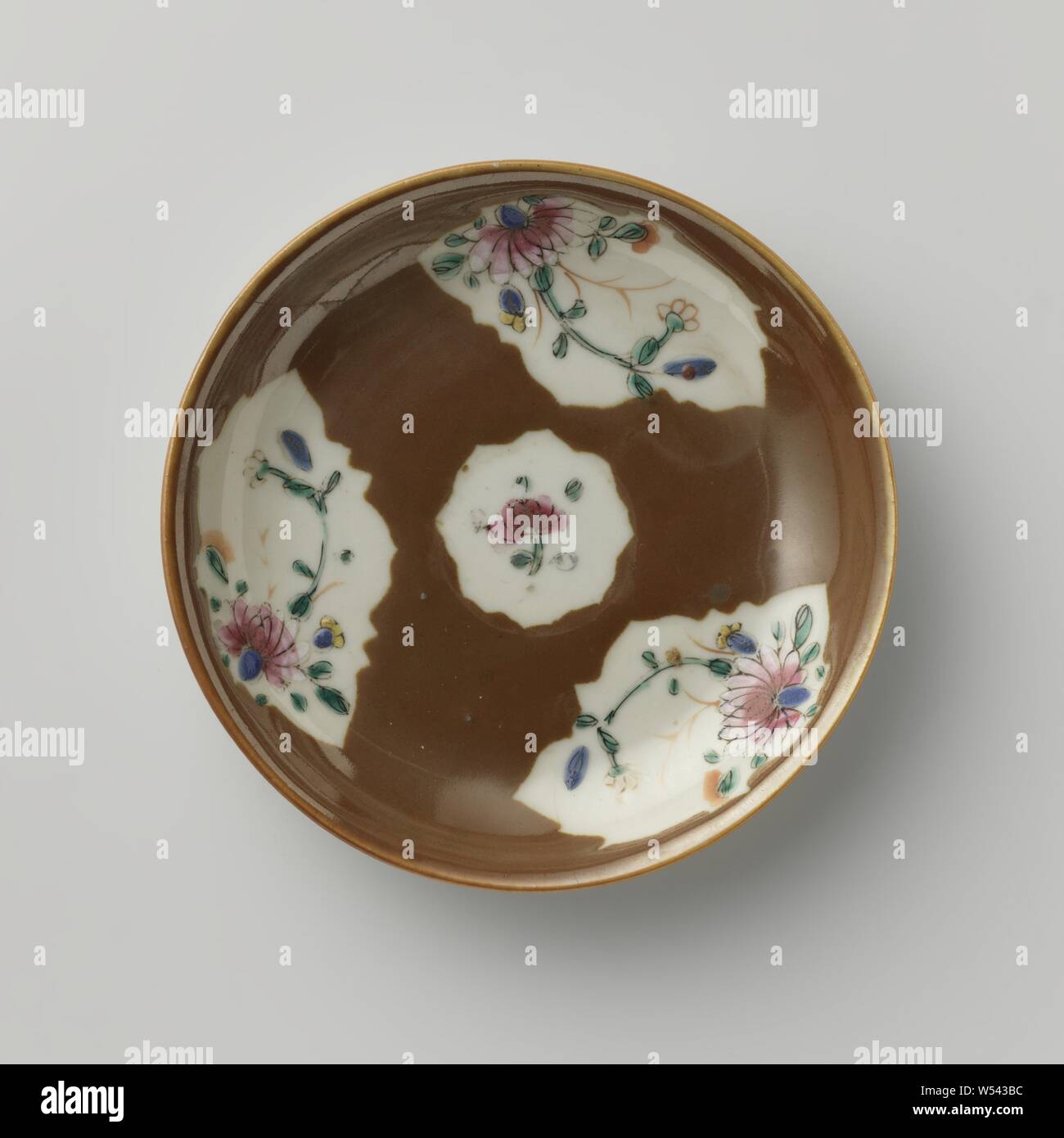 Saucer with flower sprays in panels on a brown glaze, Porcelain ...