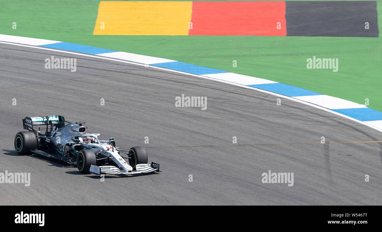 Hockenheim, Germany. 26th July, 2019. Motorsport: Formula 1 World Championship, Grand Prix of Germany. Lewis Hamilton from Great Britain of the Mercedes-AMG Petronas team drives in the first free practice session. Credit: Sebastian Gollnow/dpa/Alamy Live News Stock Photo