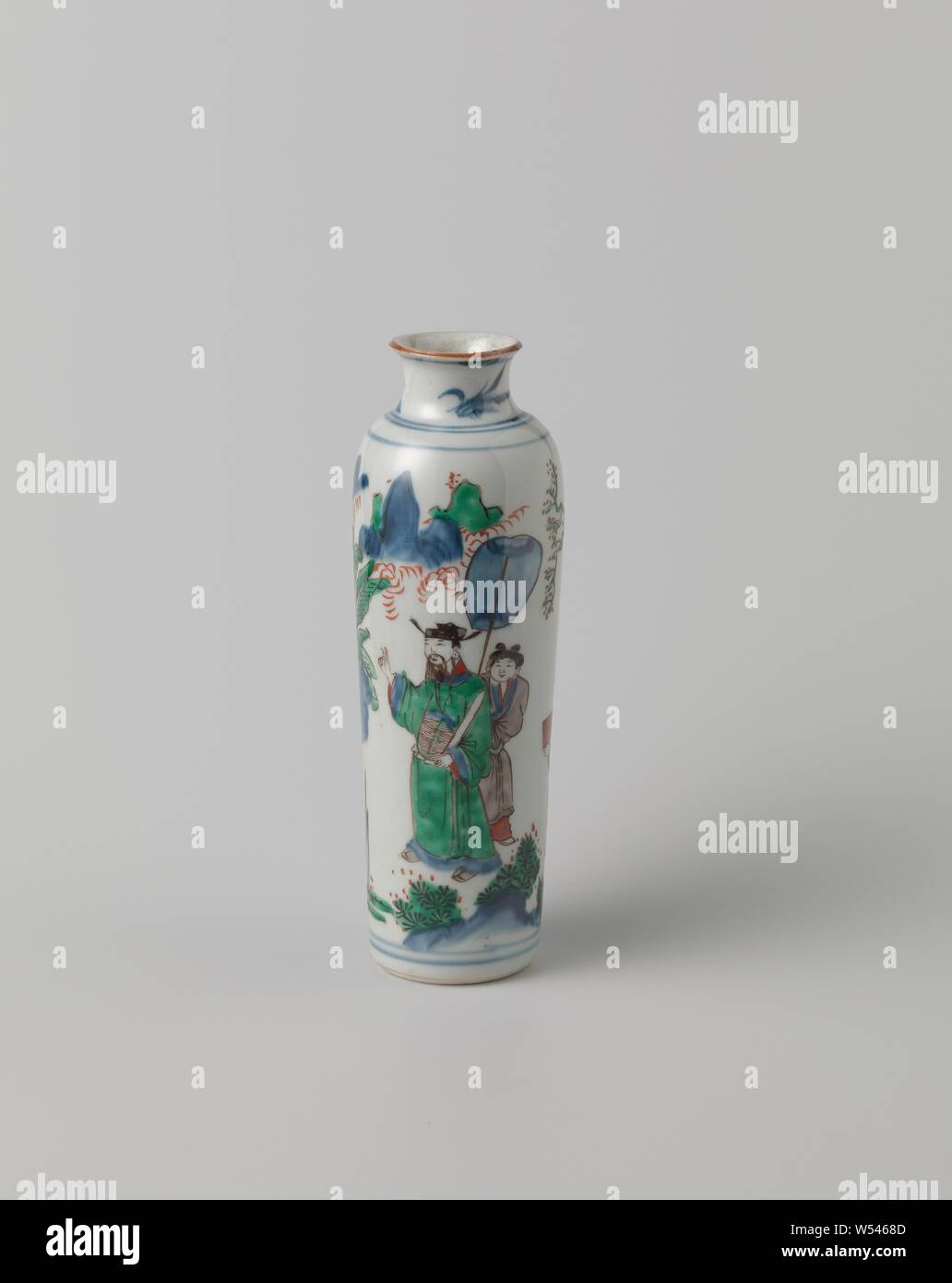 Vase Trolley With A Scholar Official And His Servants In A Landscape Small Cylindrical Vase Trolley Of Porcelain With A Spreading Neck Painted In Underglaze Blue And On The Glaze Red Green