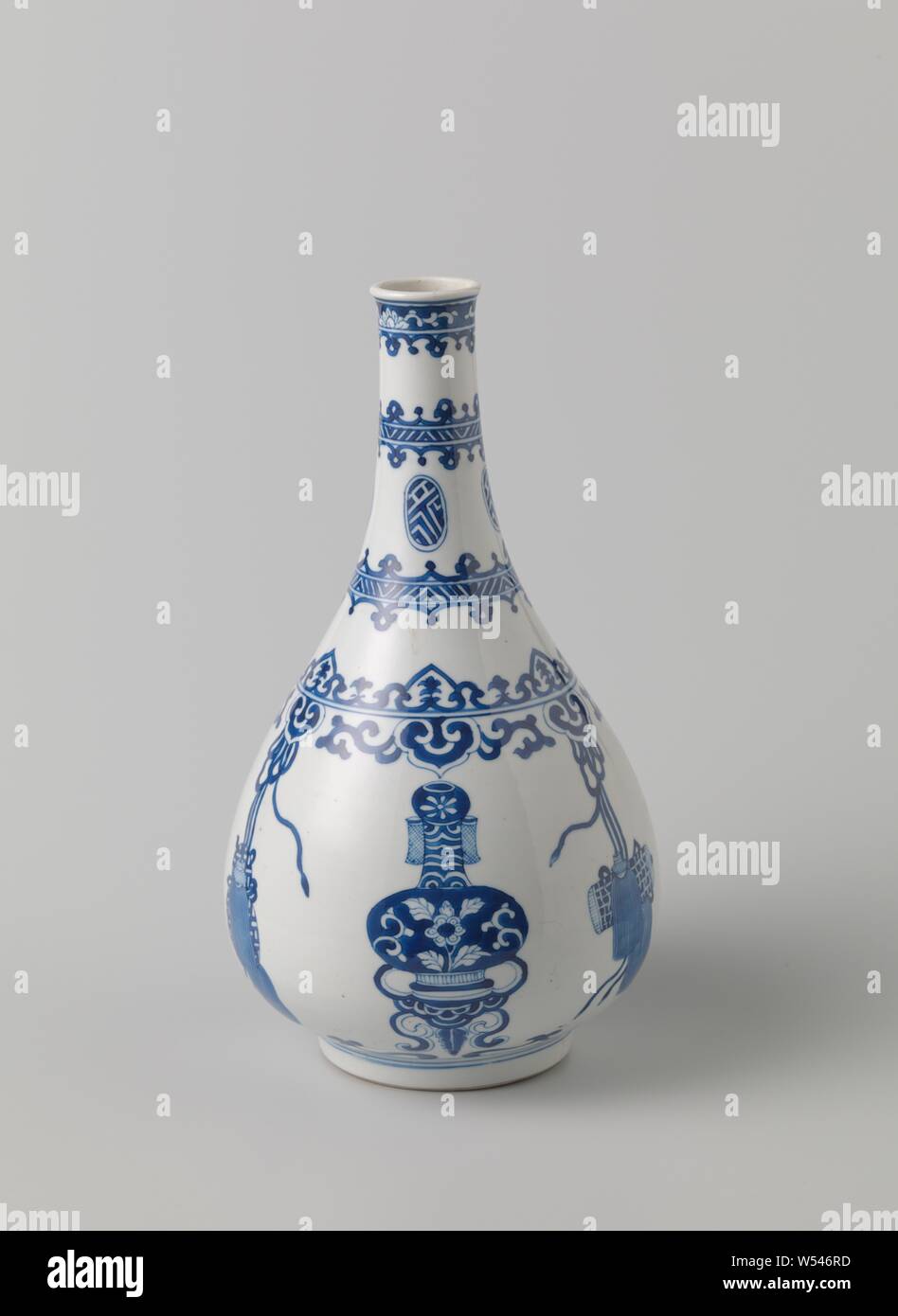 pear shaped bottle vase with auspicious symbols tassels and ornamental borders bottle shaped porcelain vase with pear shaped body and long neck painted in underglaze blue on the belly twice a vase on a low table on the shoulder a band with hanging ruyi motifs with tendrils from which bows hang on the belly with tassels and rollers the neck with decorative bands and medallions with geometric motifs on the edge a band with floral scrolls a crack in the neck blue and white jean theodore royer anonymous china c 1680 c 1720 qing dynasty 1644 1912 kangxi period 1662 1722 image