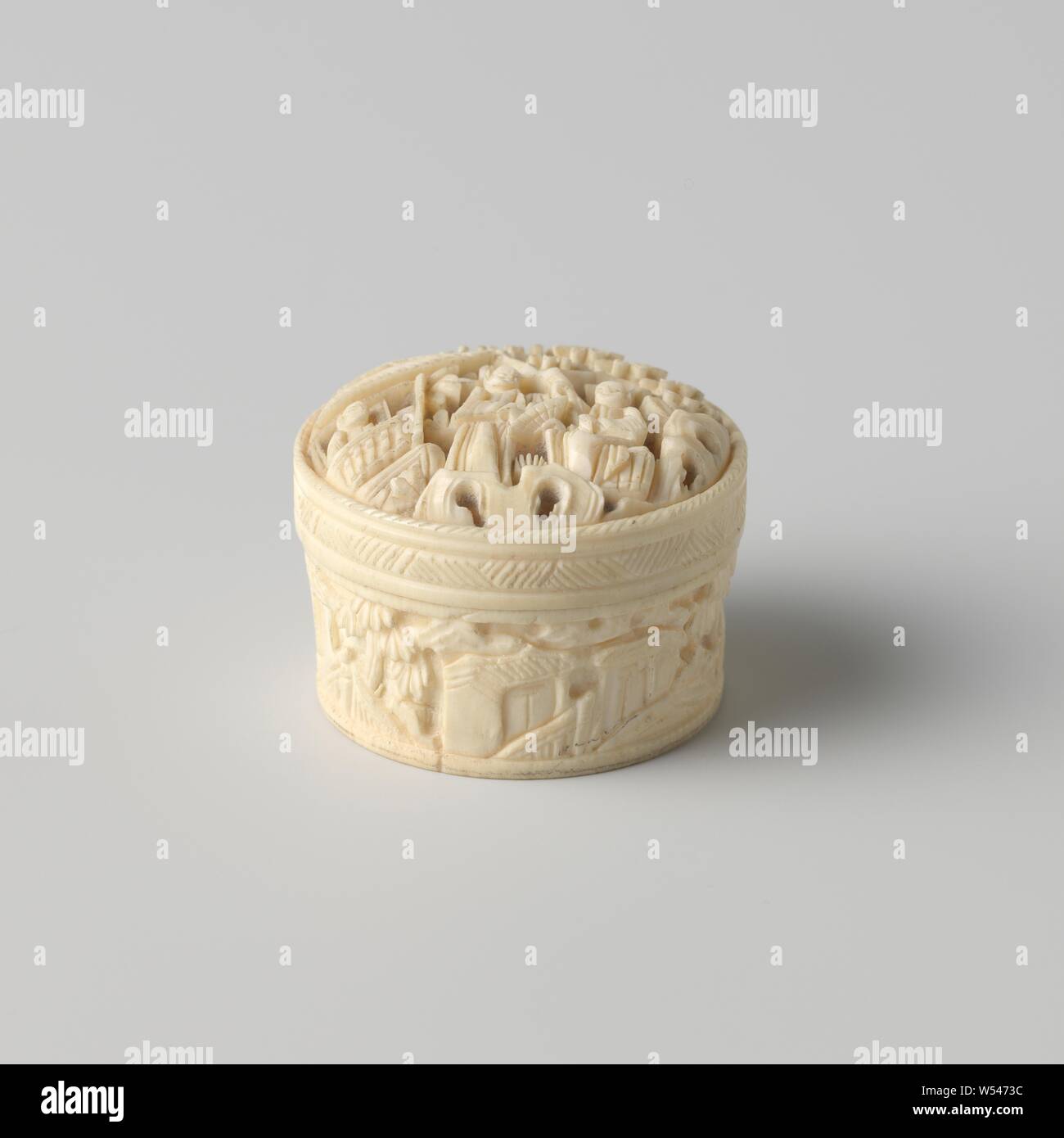 Download Small Round Ivory Box With Lid Round Box With A Convex Lid Circumcised In High Relief With Three Chinese On The Lid By A Tree And A Pavilion Around The Side A