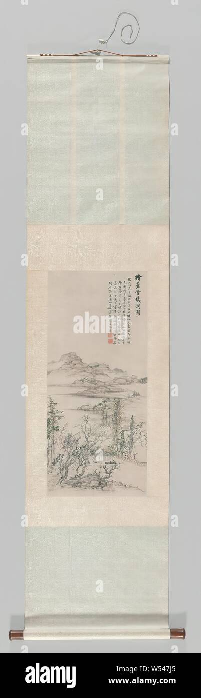 Hanging roll, landscape with a lonely figure and home, landscape with a lonely figure and home. In wooden box., Pan Gongshou, 1781, Qing-dynasty (1644-1912) / Qianlong-period (1736-1795), paper, ink, h 86.7 cm × w 38.6 cm w 55.3 cm w 675 mm d 50 mm d 41 mm h 7.5 cm × w 71 cm × d 8.5 cm Stock Photo