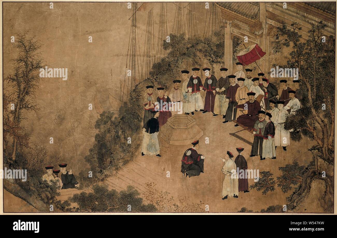 General Shi Lang with a group of dignitaries at a well by the sea warfare, military affairs (sailing-ships), battle, fighting in general (naval force), anonymous, China, 1700 - 1800, paper, ink, h 70.0 cm × w 100.0 cm Stock Photo
