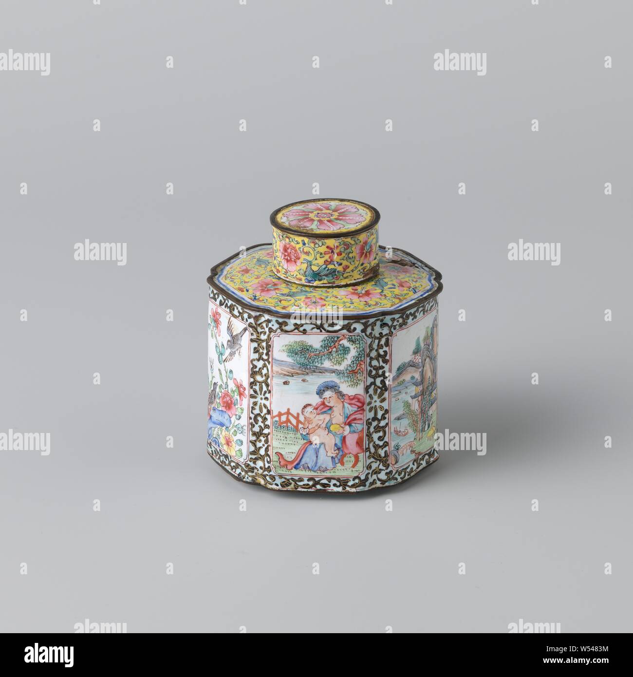 Two tea caddies Hexagonal tea canister, painted enamel, Hexagonal tea