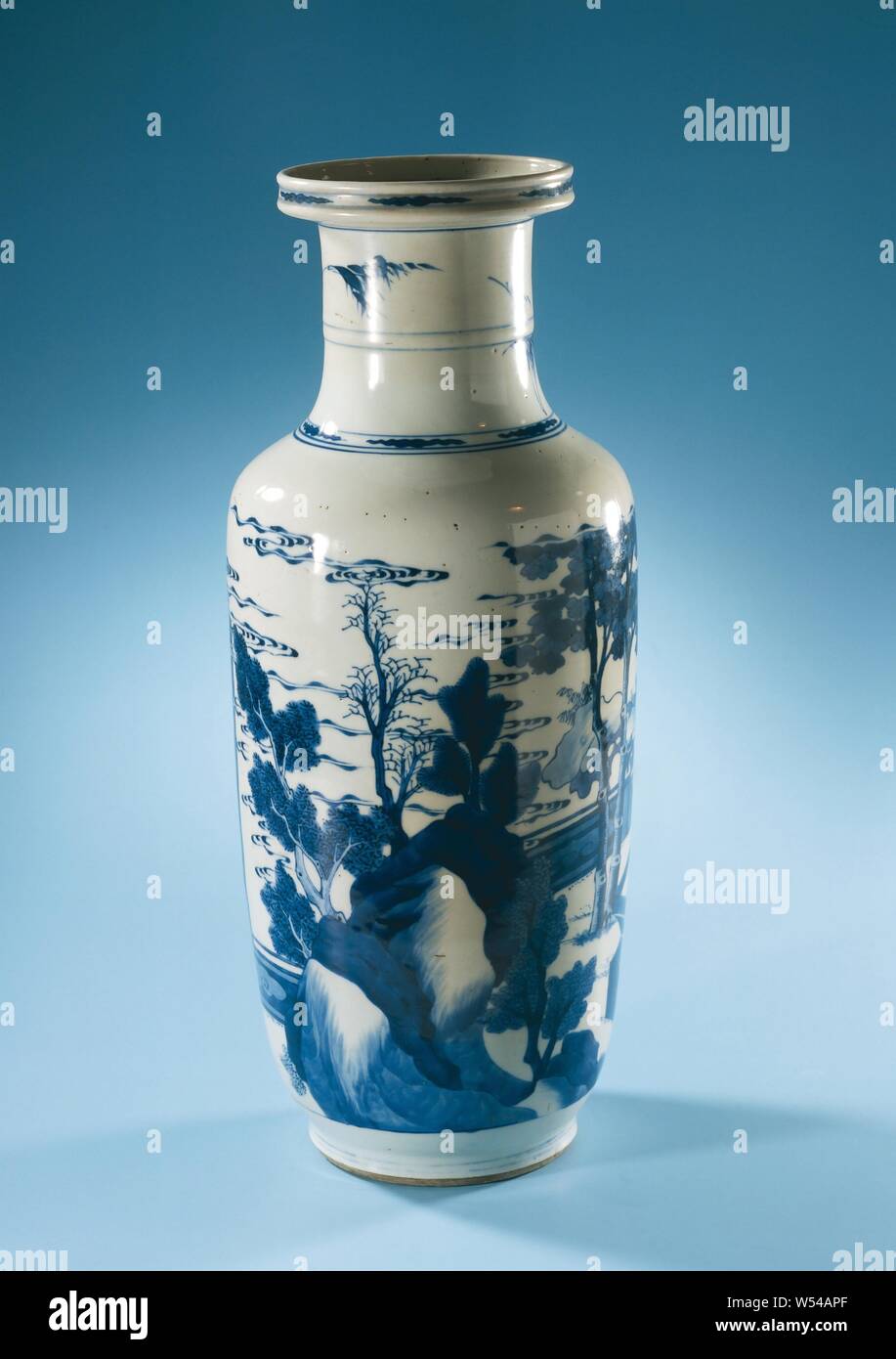 Vase with a fenced garden with Chinese figures in a pavilion, Porcelain vase  with a cylindrical body that extends slightly towards the shoulders, a wide  cylindrical neck with a sharp, raised edge