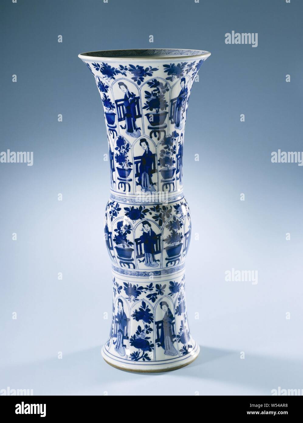 gu shaped beakervase with chinese la s and flower pots in panels gu shaped porcelain vase with a round bulge in the middle and a spreading neck painted in underglaze blue on the wall alternately a chinese lady long list or a flower pot on a low table in a petal box above flower branches above and below the thickened middle part a band with spiral work the inner edge with a band with a zigzag pattern marked on the bottom with an artemisia leaf in a double circle blue white anonymous china c 1700 qing dynasty 1644 1912 kangxi period 1662 1722 porcelain material glaze W54AR8