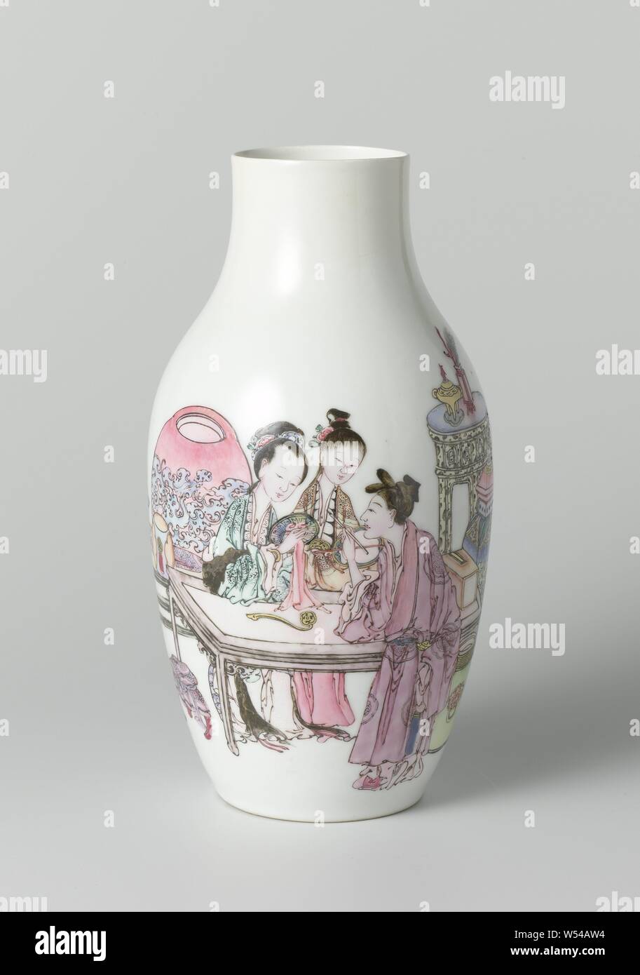Ovoid vase with three la s and an attendant surrounded by ovoid vase with three la s and an attendant surrounded by precious objects egg shaped porcelain vase with a wide short neck painted on the glaze in blue pink green yellow black and gold on the wall a scene of two la s behind a table surrounded by vases tables and antiques scepter books tripod vase with peacock feathers coral next to this group a servant with a flower vase in front of her is a cat in front of the table a third lady who apparently paints the scene on the vase famille rose anonymous china c 1800 c 1899 qing dynasty 1644 1912 porcelain material image