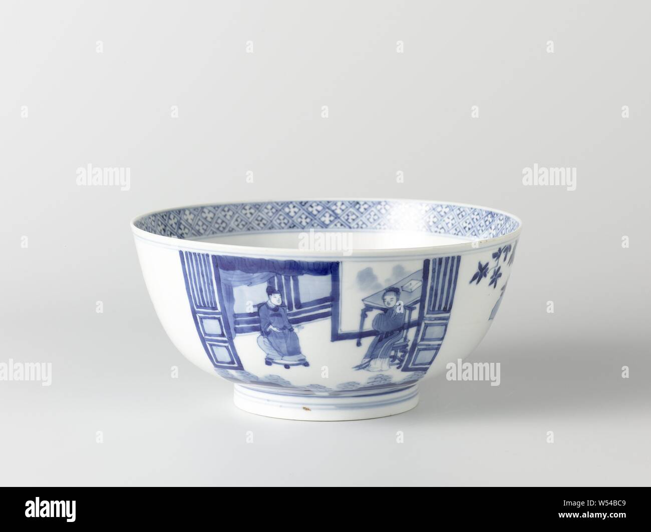 Bowl with two narrative scenes and two trees near rocks, Bowl of porcelain,  painted in underglaze blue. Two compartments with narrative representations  on the outer side: three people in an interior and